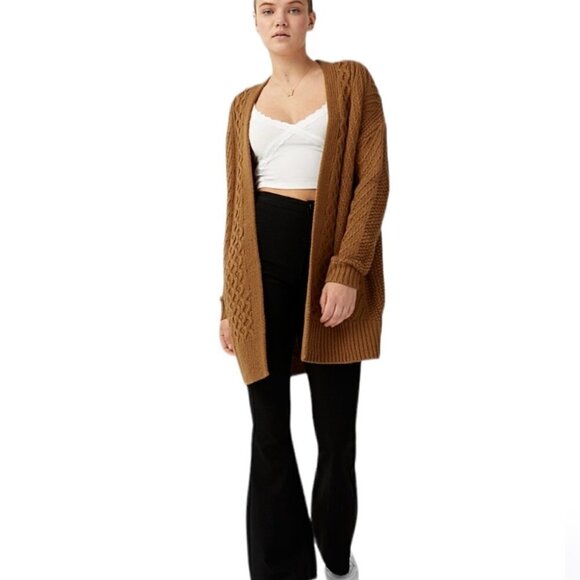 SIMONS braid knit textured knit camel brown open front long cardigan XS @M2 - Picture 1 of 12